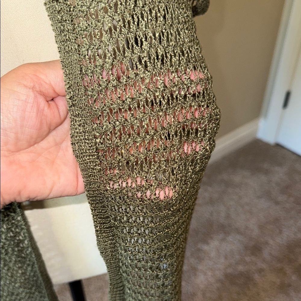 Warehouse One Vest Lagenlook Fringe Knit Long Olive Green Women's Size L - Picture 3 of 9